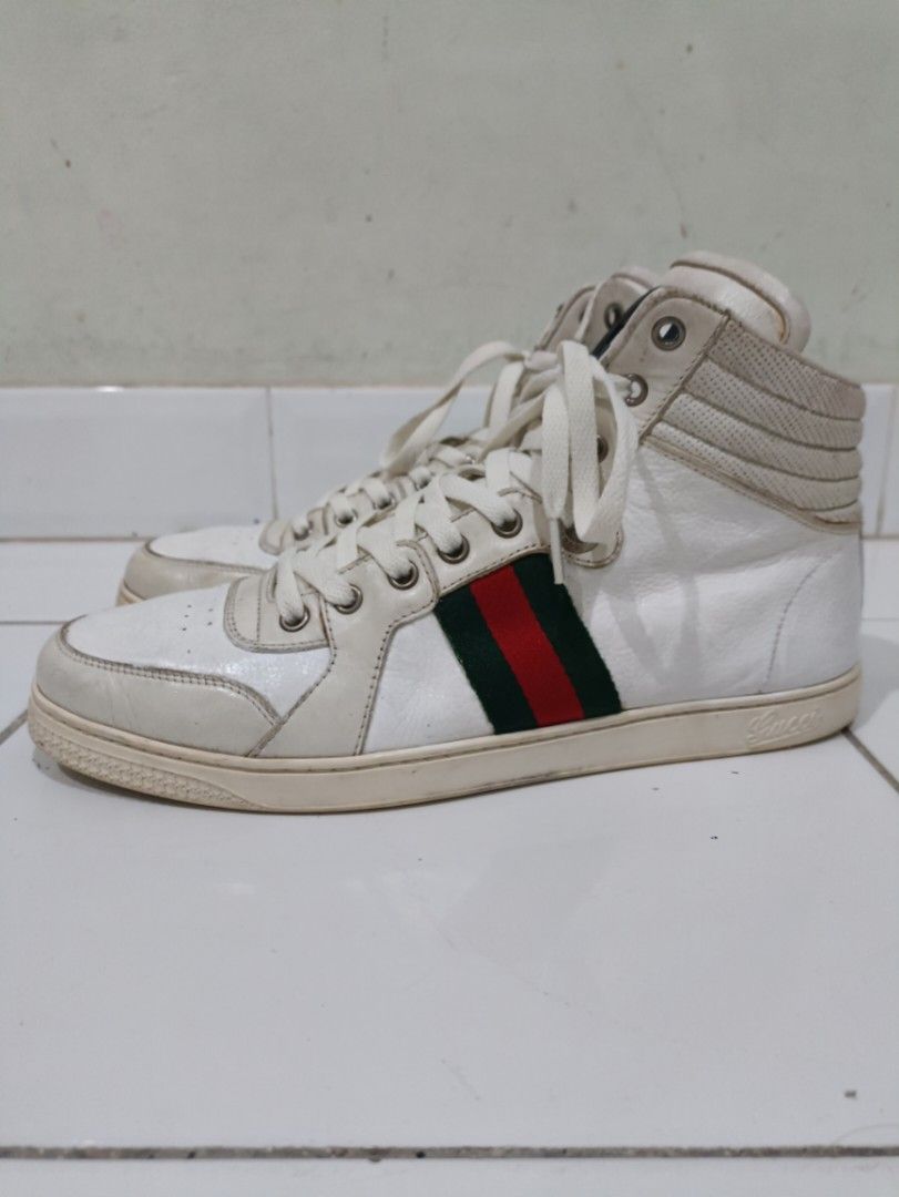 Gucci Web Detail white Leather High Top Sneaker original authentic size 8,  Fesyen Pria, Sepatu , Sneakers di Carousell