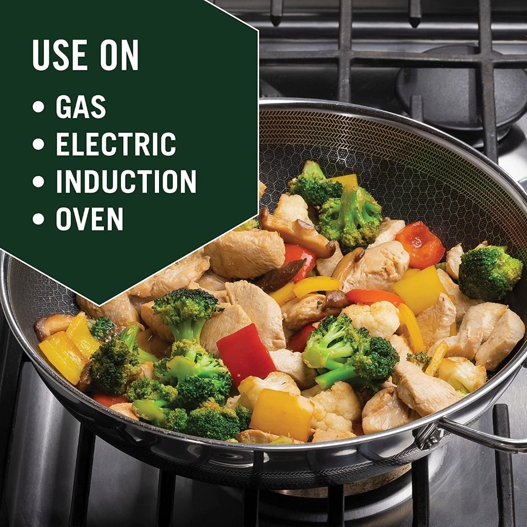 HexClad 14 inch Hybrid Stainless Steel Wok Pan with Stay-Cool