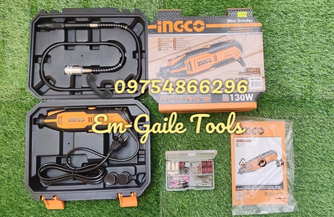 INGCO 130W Mini Die Grinder (MG13328P) (Category: Construction Tools & Equipment) located in Caloocan City. Submitted by emgaile (Listing ID 1232339423, Image 1). Description: INGCO 130W Mini Die Grinder (MG13328P) Specifications : Model: MG13328P Power Supply : Corded Electric 220V-240V~50/60Hz Input Power : 130W Collet Size : 3.2mm No Load Speed : 10000-35000RPM Collet Features: Variable speed, Spindle Lock, Hand Wire INCLUDES: 1pc flexible sha