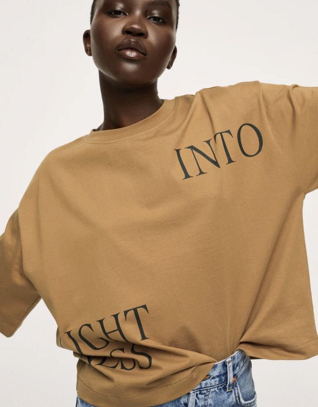 MANGO Oversized Tshirt (Authentic & Brandnew) (Category: Shirts) located in Las Pinas. Submitted by baediola (Listing ID 1232420668, Image 1). Description: Message cotton T-shirt Oversized Crop Style Size :XS on tag but fits up to Medium Size Color:Camel Brown 100% Cotton. Oversize design. Straight design. Rounded neck. Short sleeve. Dropped shoulder seams. Printed messages on the sides. The garments labelled as Committed are products that have b