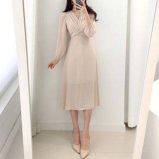 Maybeline Elegant Long Sleeve Korea Wrap V Neck Long Dress