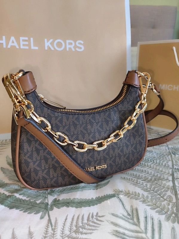 Michael Kors Cora Mini Brown Signature PVC Zip Pouchette Crossbody