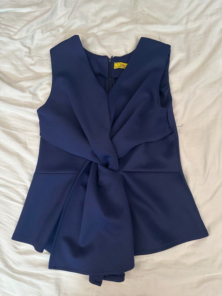 NAVY EMBROIDERED PLEATED PEPLUM TOP