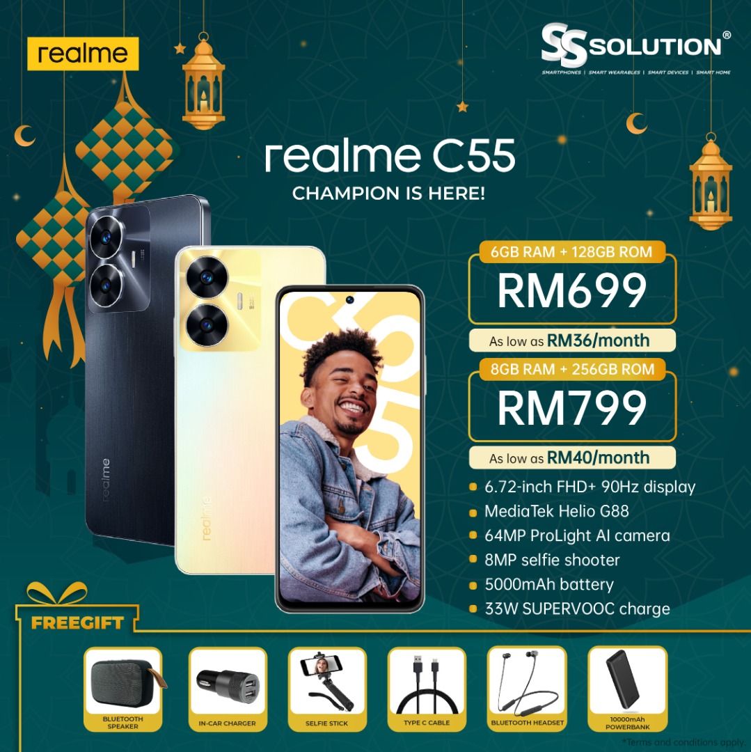 Realme C55 Smartphone MediaTek Helio G88 6,72'' FHD+ 90Hz Screen AI 64MP  Camera 33W SUPERVOOC