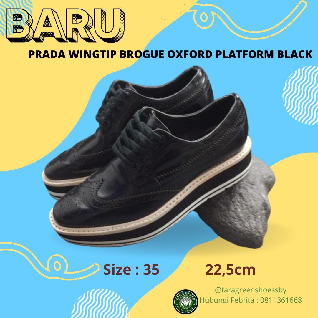Sepatu Prada Wingtip Brogue Oxford Platform Black Size 35, Fesyen