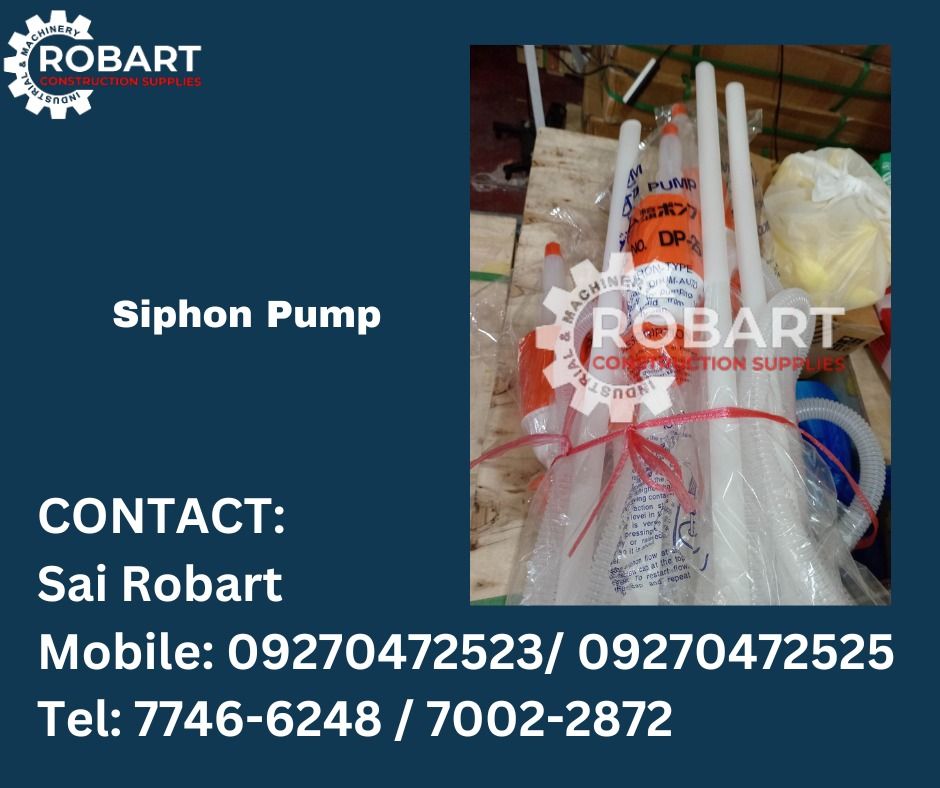 Siphon Pump (Category: Construction Tools & Equipment) located in Manila. Submitted by robartehm (Listing ID 1232394034, Image 1). Description: Siphon Pump ROBART CONSTRUCTION SUPPLIES Note: Prices are subject to change without prior notice. For inquiries: For FAST TRANSACTION: Call: Sai Robart - 09270472523 Viber: Katie/ Sai Robart - 09270472525 Email: sairobart3@gmail.com SEND US MESSAGE FOR INQUIRIES ‼️ ‼️ - 100% Trusted Supplier - Competitive