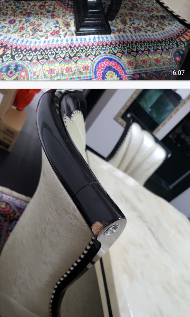 Solid Marble Table (Category: Tables & Sets) located in Singapore. Submitted by ndbsh (Listing ID 1232412680, Image 3). Description: Marble Table with 4 chairs.But can use for 6 chairs So i bought another 2 extra chairs.Look still new and very solid. Take Note :1 extra chair is chip out a bit.see picture.But that chair is an extra chair we bought.