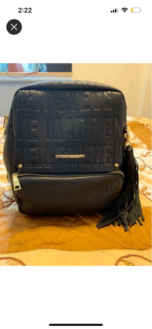 Steve Madden Embossed Logo Black Leather Backpack, Women's Fashion ...