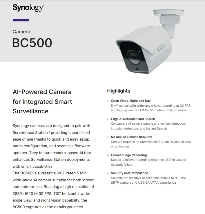 SYNOLOGY BC500 BULLET POE IP CAMERA, Computers & Tech, Parts