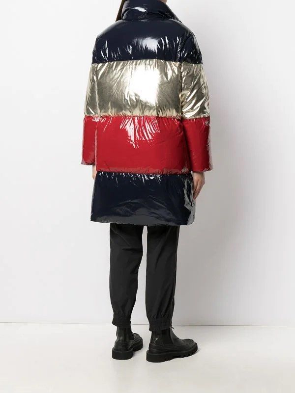 Tommy Hilfiger Color Block Padded Coat (Category: Coats, Jackets and Outerwear) located in Baguio. Submitted by THRIFThingWars (Listing ID 1232372403, Image 2). Description: Chest: 25 Length: 37.5 - desert sky/gold/Arizona red - feather down - colour block - padded - stand-up collar - front zip fastening - long sleeves - logo plaque at the arm - horizontal stripe pattern - two side zip-fastening pockets - straight hem - full lining Composition Li
