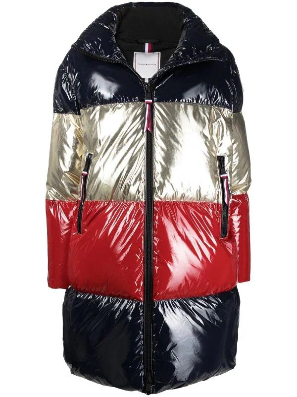 Tommy Hilfiger Color Block Padded Coat (Category: Coats, Jackets and Outerwear) located in Baguio. Submitted by THRIFThingWars (Listing ID 1232372403, Image 3). Description: Chest: 25 Length: 37.5 - desert sky/gold/Arizona red - feather down - colour block - padded - stand-up collar - front zip fastening - long sleeves - logo plaque at the arm - horizontal stripe pattern - two side zip-fastening pockets - straight hem - full lining Composition Li