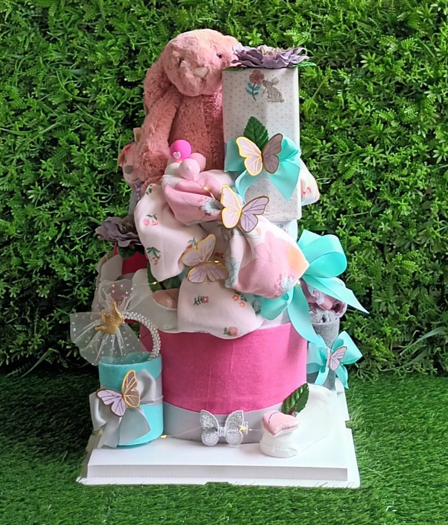 2 tier Jellycat diaper cake / baby girl diaper cake / baby hampers