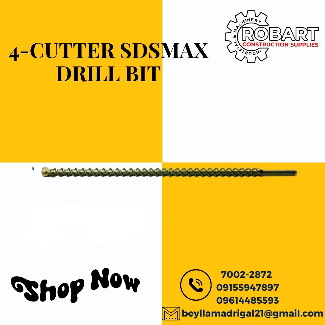 4-CUTTER SDSMAX DRILL BIT (Category: Construction Tools & Equipment) located in Manila. Submitted by bellarobart (Listing ID 1232548171, Image 1). Description: NOW AVAILABLE!! 4-CUTTER SDSMAX DRILL BIT BRAND: MILWAUKEE CODE: 4932 3527 56 (D) mm: 16 WORKING LENGTH (L) mm: 200 TOTAL LENGTH (L) mm: 340 -->3,775 CODE: 4932 3527 57 (D) mm: 16 WORKING LENGTH (L) mm: 400 TOTAL LENGTH (L) mm: 540 -->5,895 CODE: 4932 3527 60 (D) mm: 18 WORKING LENGTH (L) 