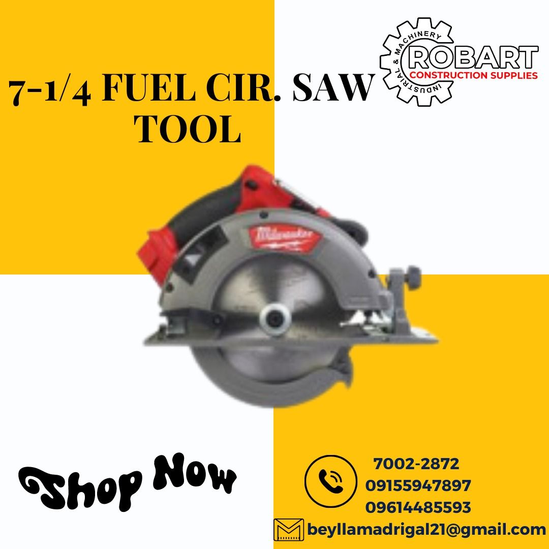 7-1/4 FUEL CIR. SAW TOOL (Category: Construction Tools & Equipment) located in Manila. Submitted by bellarobart (Listing ID 1232562674, Image 1). Description: NOW AVAILABLE!! 7-1/4 FUEL CIR. SAW TOOL (BARE TOOL) BRAND: MILWAUKEE MODEL: M18CCS66-O BATTERY TYPE: LI-ION BLADE DIAMETER (mm): 190 BORE SIZE (mm): 30 BY TECHNOLOGY NEW: FUEL MAX CUTTING DEPTH 45(mm): 48 MAX CUTTING DEPTH 90(mm): 66 NO LOAD SPEED(rpm): 5000 SOUND POWER LEVEL(dB(a)): 94.2 