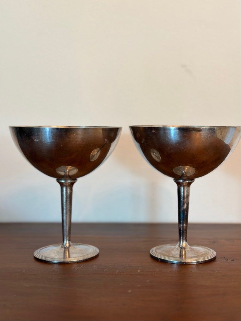 Vintage Set of 2 Solid Brass With Silver Plate Goblets Patina Wine Glasses  Cups 