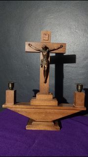 Altar Crucifix Made of Oak Wood and Metal Corpus