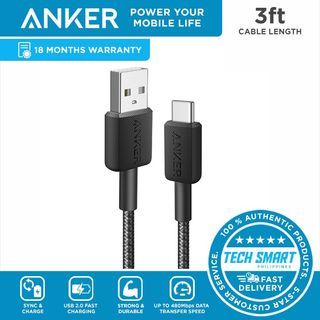 Anker 322 PowerLine USB-A to USB-C Braided Nylon Cable 3ft/0.9m USB 2.0 Fast Charging for USB-C Phones, Tablets and more