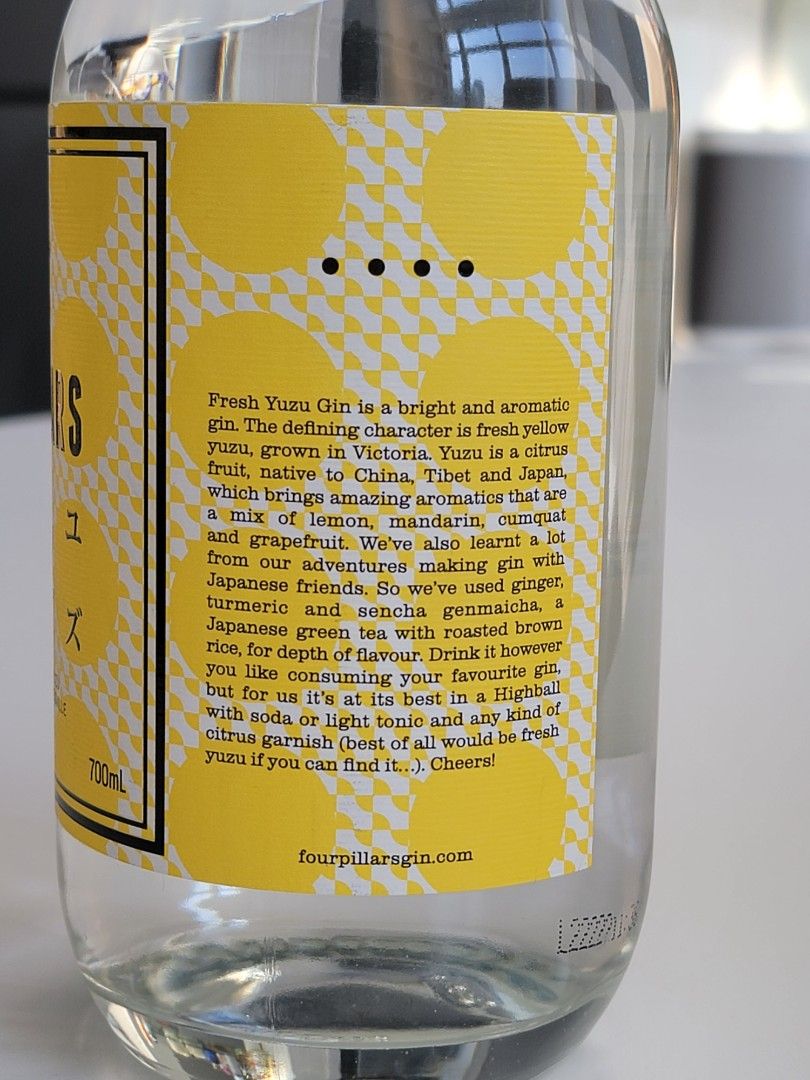 Four Pillars Fresh Yuzu Gin 70cl 700ml, Food & Drinks, Alcoholic Beverages  on Carousell