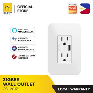 HATSY - 2 Gang Zigbee Wall Outlet with USB - 10A, 2500 Watts with Overload Protection, Works with Amazon Alexa, Google Home and Siri Shortcuts (Zigbee Gateway Required)