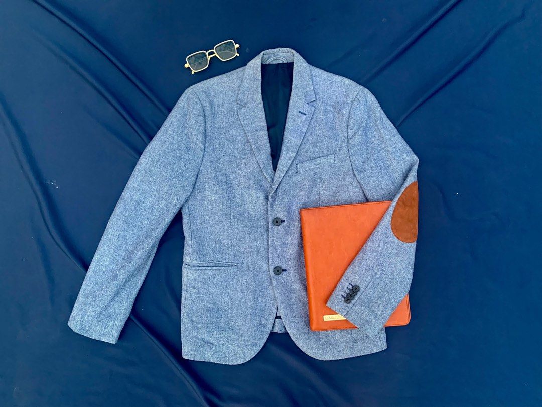 HOT H M Blue Grey Blazer Suit with Elbow Patch Fesyen Pria Pakaian Baju Luaran di Carousell