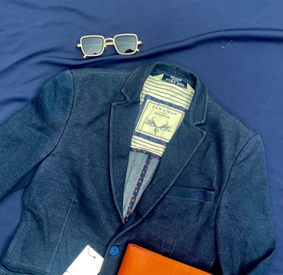 [HOT] ZARA MAN Denim Couture Blazer with Elbow Patch, Fesyen Pria
