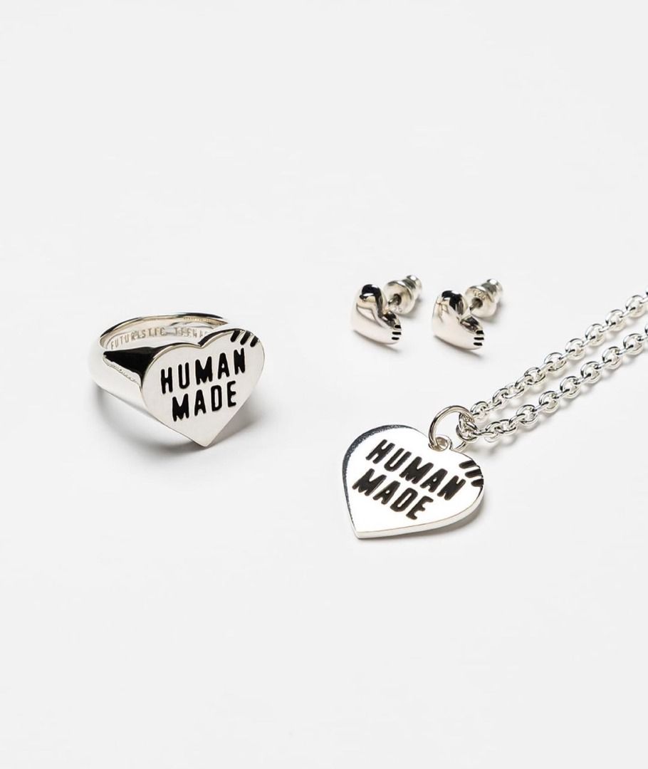 Human Made Heart Silver Earrings Necklace Ring