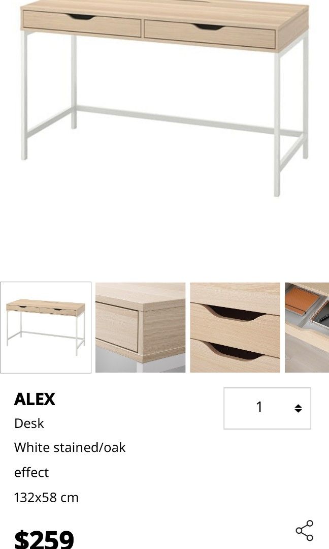IKEA Study Table (Category: Tables & Sets) located in Singapore. Submitted by jellayeee (Listing ID 1232555621, Image 3). Description: Selling away 2 Ikea Alex tables because we are changing to a standing desk instead! Only bought these tables a few months ago, white in Jan 2023 and Oak in Nov 2022. White desk SRP: $179. Walnut desk SRP: $259 Also selling the standing desk converter which I just bought last month on Shopee in April 2023 for $120.