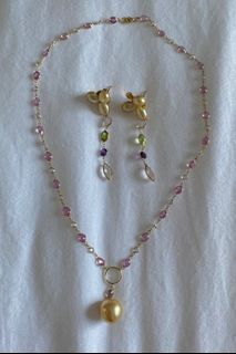 JEWELMER Tutti Frutti Necklace Gold South Sea Pearl Pendant and Pink Sapphire