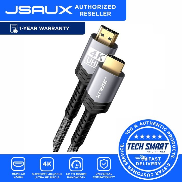 JSAUX 4K HDMI 2.0 Cable (10ft) (Category: Cables & Adaptors) located in Las Pinas. Submitted by techsmartph (Listing ID 1232595893, Image 1). Description: * 4K HDMI Cable: JSAUX HDMI-Cable supports 18Gbps high bandwidth, Mirror & Extend mode, Ultra HD 4K(2160p), QHD 2K(1440P), FHD 1080p, HD 720P, HDCP 2.2, 48-Bit Deep Color HDR, Audio Return Channel(ARC), CEC, Dolby Atmos, Dolby TrueHD 7.1 audio, 3D, Ethernet, and Hot plugging * Full Compatibilit