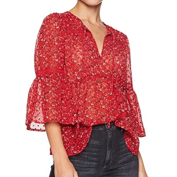 LUCKY BRAND Red Floral Swiss Dots Boho Peasant Blouse Women s
