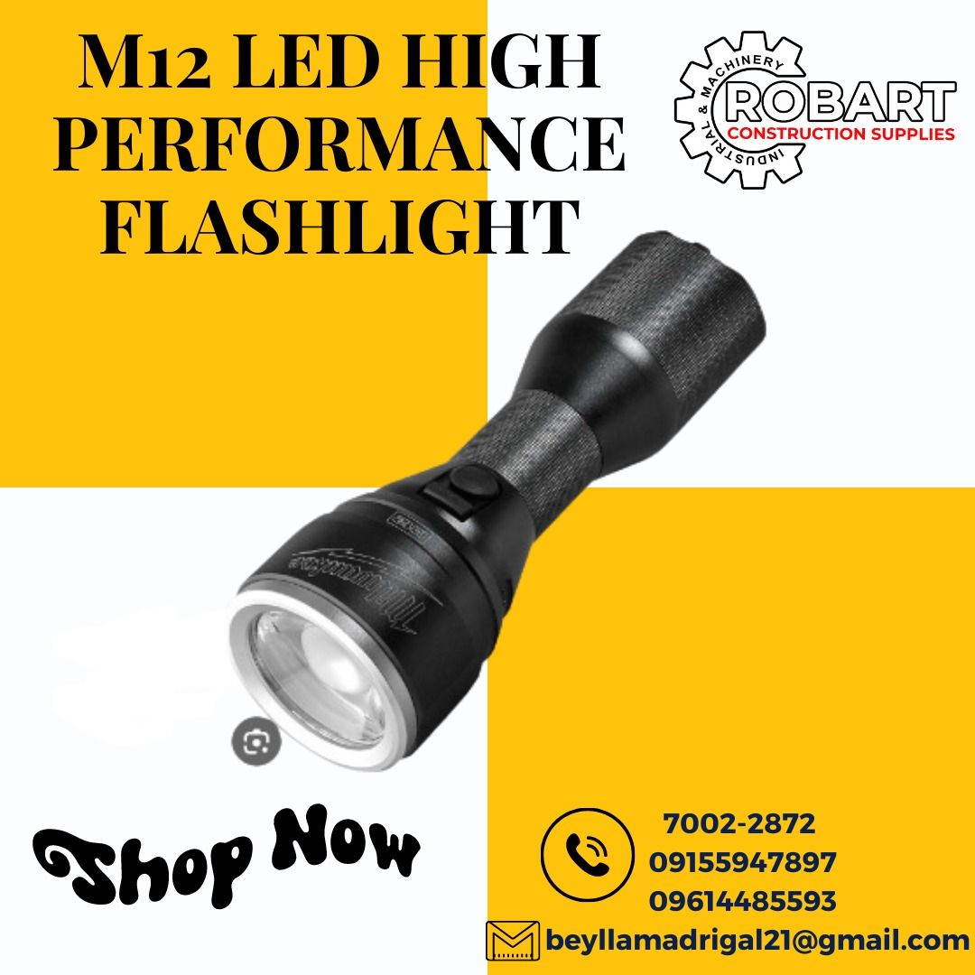 M12 LED HIGH PERFORMANCE FLASHLIGHT (Category: Construction Tools & Equipment) located in Manila. Submitted by bellarobart (Listing ID 1232549786, Image 1). Description: NOW AVAILABLE!! M12 LED HIGH PERFORMANCE FLASHLIGHT (BARE) BRAND: MILWAUKEE MODEL: M12 MLED-O BATERRY TYPR: LI-ION BEAM DISTANCE(m): 350 BY TECHNOLOGY NEW: BRUSHED MAX LIGHT OUTPUT HIGH/ MEDIUM/ LOW/ STROBE (LUMENS) : 800/-/325/800 MAX RUN TIME WITH M12 B4 BATTERY (H): 5/-/7/7 SU