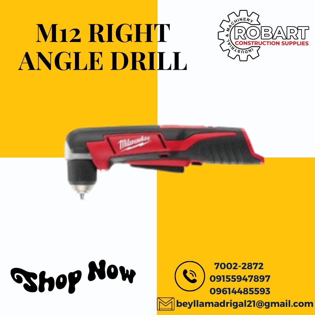 M12 RIGHT ANGLE DRILL (Category: Construction Tools & Equipment) located in Manila. Submitted by bellarobart (Listing ID 1232569799, Image 1). Description: NOW AVAILABLE!! M12 RIGHT ANGLE DRILL (BARE TOOL) BRAND: MILWAUKEE MODEL: C12RAD-O VOLTAGE: 12V PEAK TORQUE: 100 in-lbs CHARGE TIME: 30 MINUTES CHUCK TYPE: 3/8" SINGLE SLEEVE SPEED: 0-800rpm 𝑹𝑶𝑩𝑨𝑹𝑻 𝑪𝑶𝑵𝑺𝑻𝑹𝑼𝑪𝑻𝑰𝑶𝑵 𝑺𝑼𝑷𝑷𝑳𝑰𝑬𝑺 #RobartConstructionSupplies #robartph #construct
