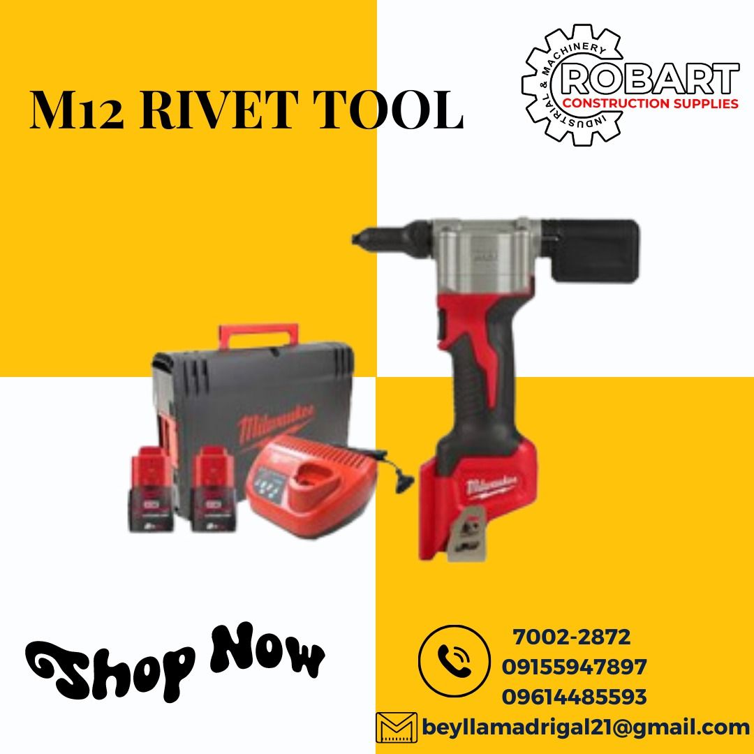M12 RIVET TOOL (Category: Construction Tools & Equipment) located in Manila. Submitted by bellarobart (Listing ID 1232565916, Image 1). Description: NOW AVAILABLE!! M12 RIVET TOOL BRAND: MILWAUKEE MODEL: M12 BPRT-202C RIVET DIAM. RANGE: 2.4-4.8 RIVET MATERIALS: ALUMINUM, COPPER, STEEL, STAINLESS STEEL NOSE TIPS(mm): 2.4/ 3.2 / 4.0/4.8 MAX PULLING FORCE(N): 9000 STROKE LENGHT(mm): 20.3 BATTERY PLATFORM: M12 REDLITHIUM- ION VOLTAGE: 12V WEIGHT W/ B