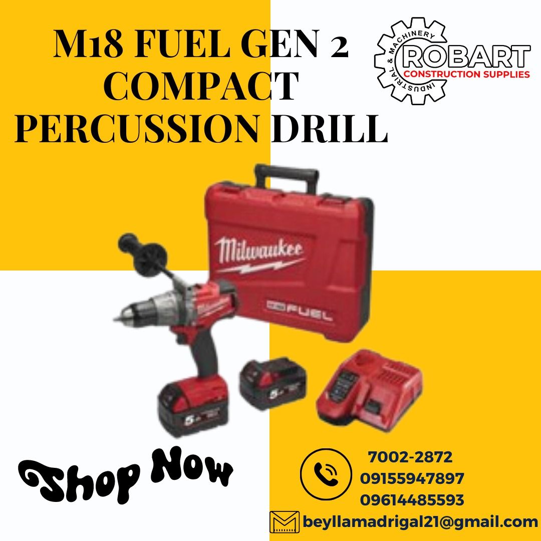 M18 FUEL GEN 2 COMPACT PERCUSSION DRILL (Category: Construction Tools & Equipment) located in Manila. Submitted by bellarobart (Listing ID 1232563544, Image 1). Description: NOW AVAILABLE!! M18 FUELGEN 2 COMPACT PERCUSSION DRILL BRAND: MILWAUKEE MODEL: M18FPD-205C AZN VOLTAGE: 18V NO LOAD SPEED GEAR 1: 0-550 rpm NO LOAD SPEED GEAR 2: 0-32000 bmp MAX TORQUE: 135Nm CHUCH CAPACITY: 13mm MAX DRILLING (WOOD/ STEEL/ MASONRY): 65mm: 13mm: 16mm TOOL WEIG