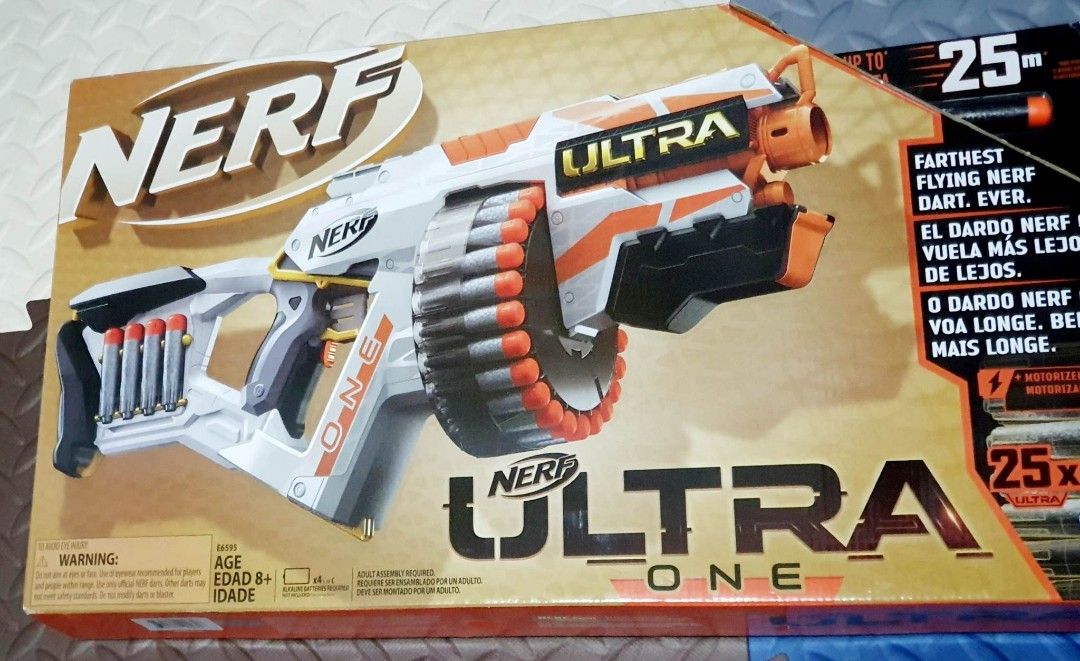 NERF ULTRA ONE (Category: Action & Battle Toys) located in Makati City. Submitted by casey920 (Listing ID 1232634610, Image 1). Description: Brand new Unopened box bought for 3,999 Needs 4 type C battery to operate Automatic reload Can shoot up to 120 ft..
