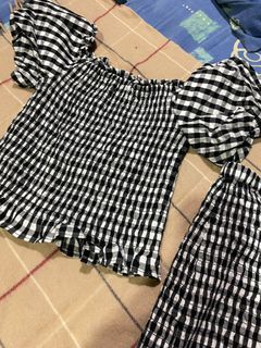 Pair coordinate checkered picnic long skirt & crop top