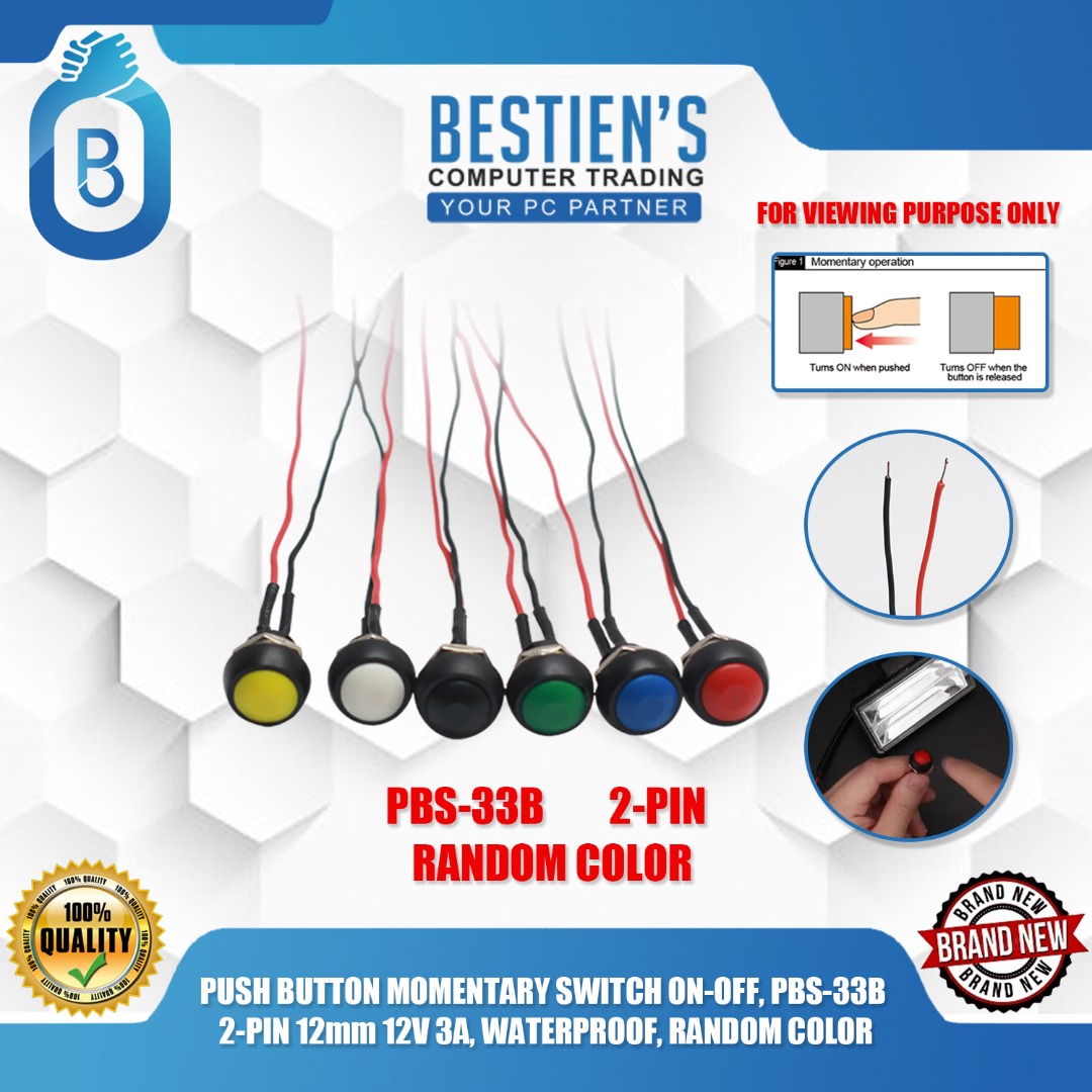 PUSH BUTTON MOMENTARY SWITCH ON-OFF, PBS-33B 2-PIN 12mm 12V 3A, with ...