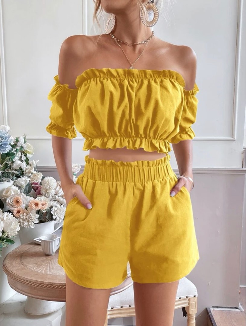Yellow off the shoulder top outfit on sale