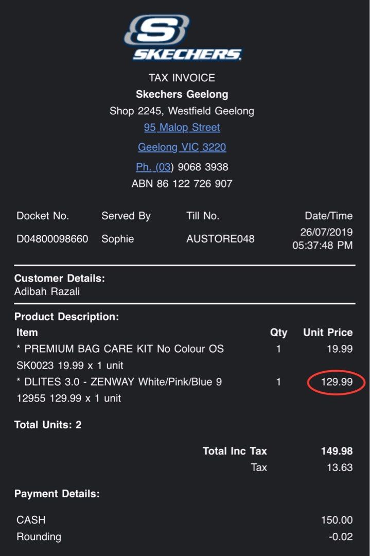 Skechers store online receipt