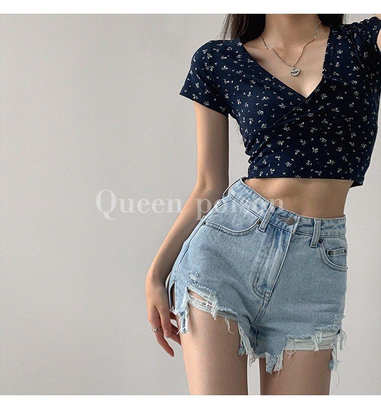 Blue Floral V Neck Crop Top