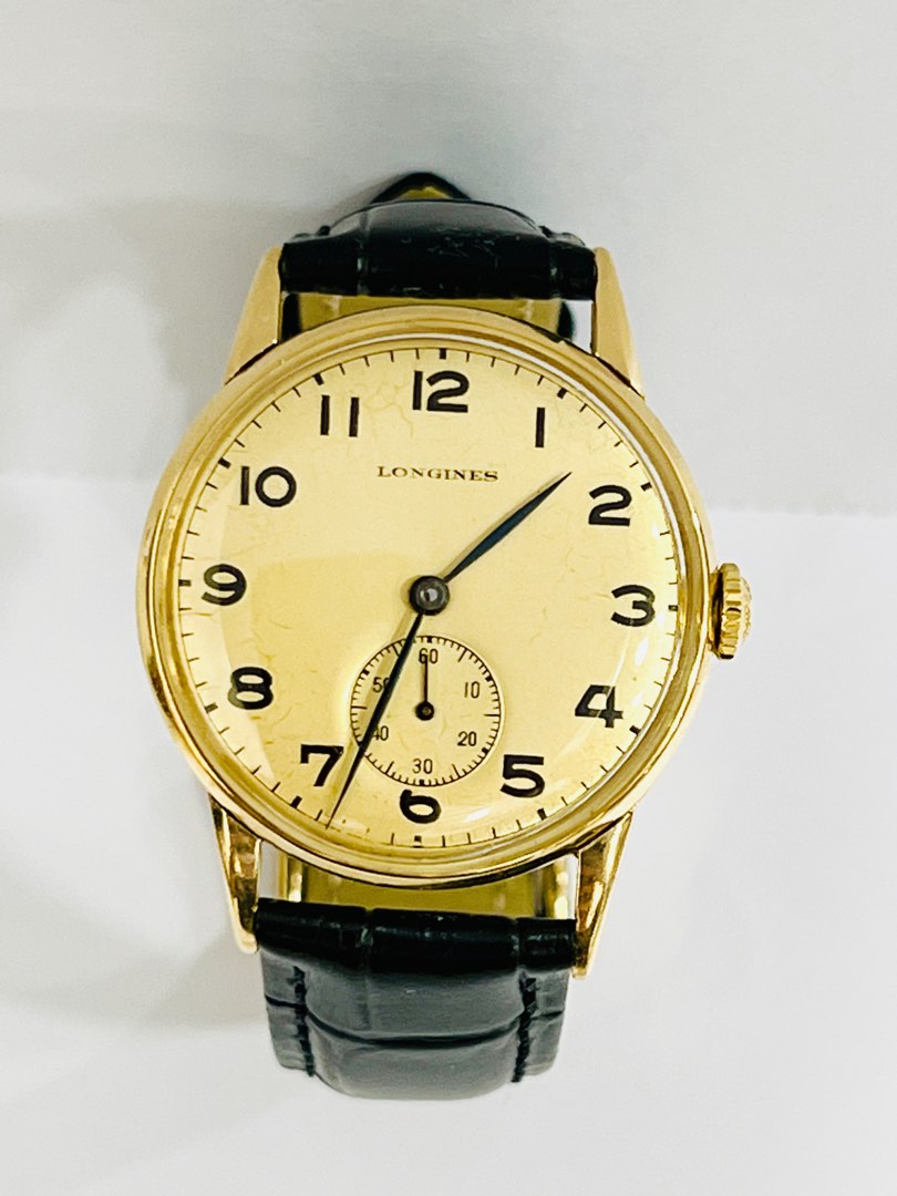 (RESERVED)1949 Longines Solid 18ct Gold Square Dress Watch with Scalloped Lugs and Mixed Dot and Arabic Numerals