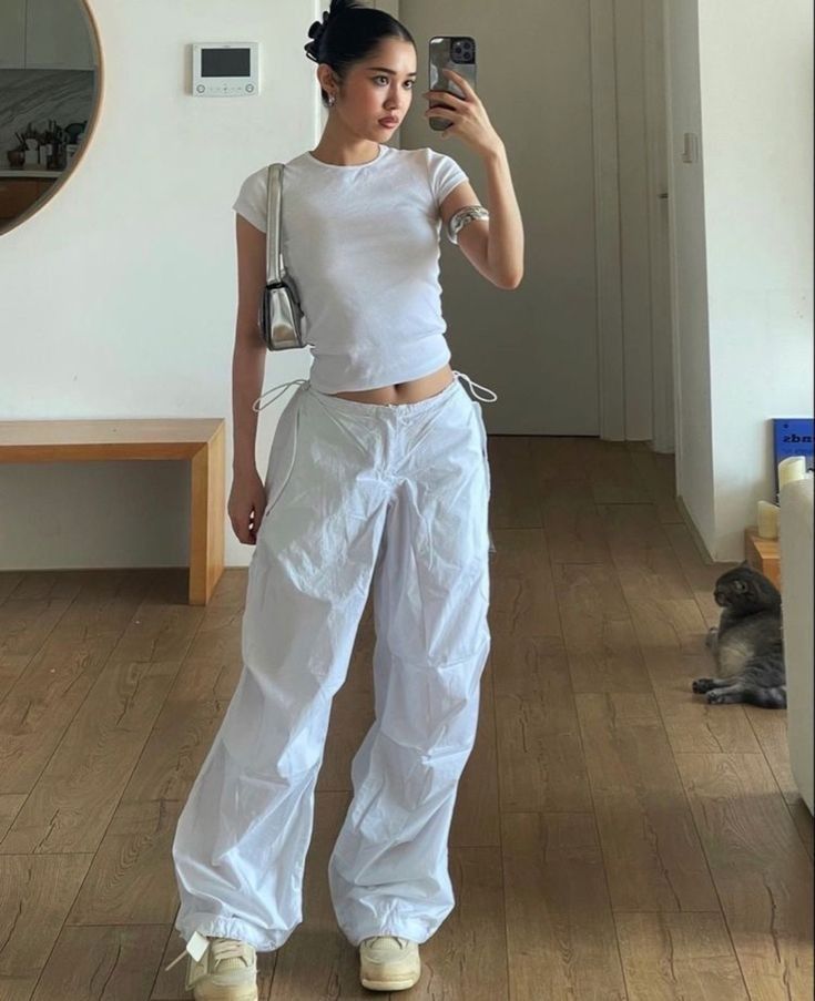White Parachute Pants, Women's Fashion, Bottoms, Other Bottoms on Carousell