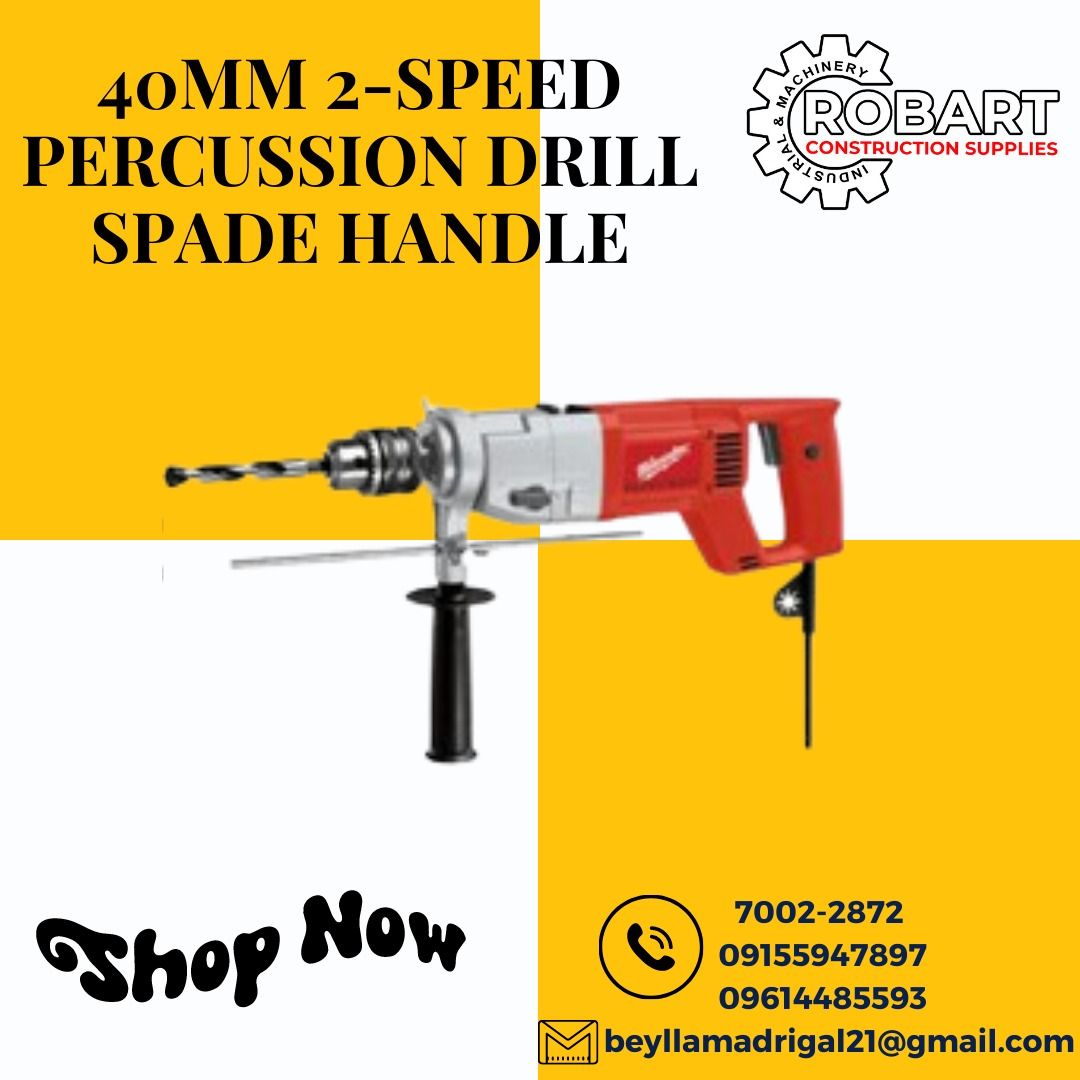 40MM 2-SPEED PERCUSSION DRILL SPADE HANDLE (Category: Construction Tools & Equipment) located in Manila. Submitted by bellarobart (Listing ID 1232728225, Image 1). Description: NOW AVAILABLE!! 40mm 2-SPEED PERCUSSION DRILL SPADE HANDLE BRAND: MILWAUKEE MODEL: SB 2-35 D POWER INPUT: 1010W DRILL DIA. IN CONCRETE/ STONE: 35/40mm DRILLING DIA. IN STYEEL/ WOOD: 16/50mm FULL-LOAD SPEED 1ST/2ND GEAR: 650/1350 rpm NO-LOAD SPEED 1ST/ 2ND/ 3RD/ 4TH GEAR: 8