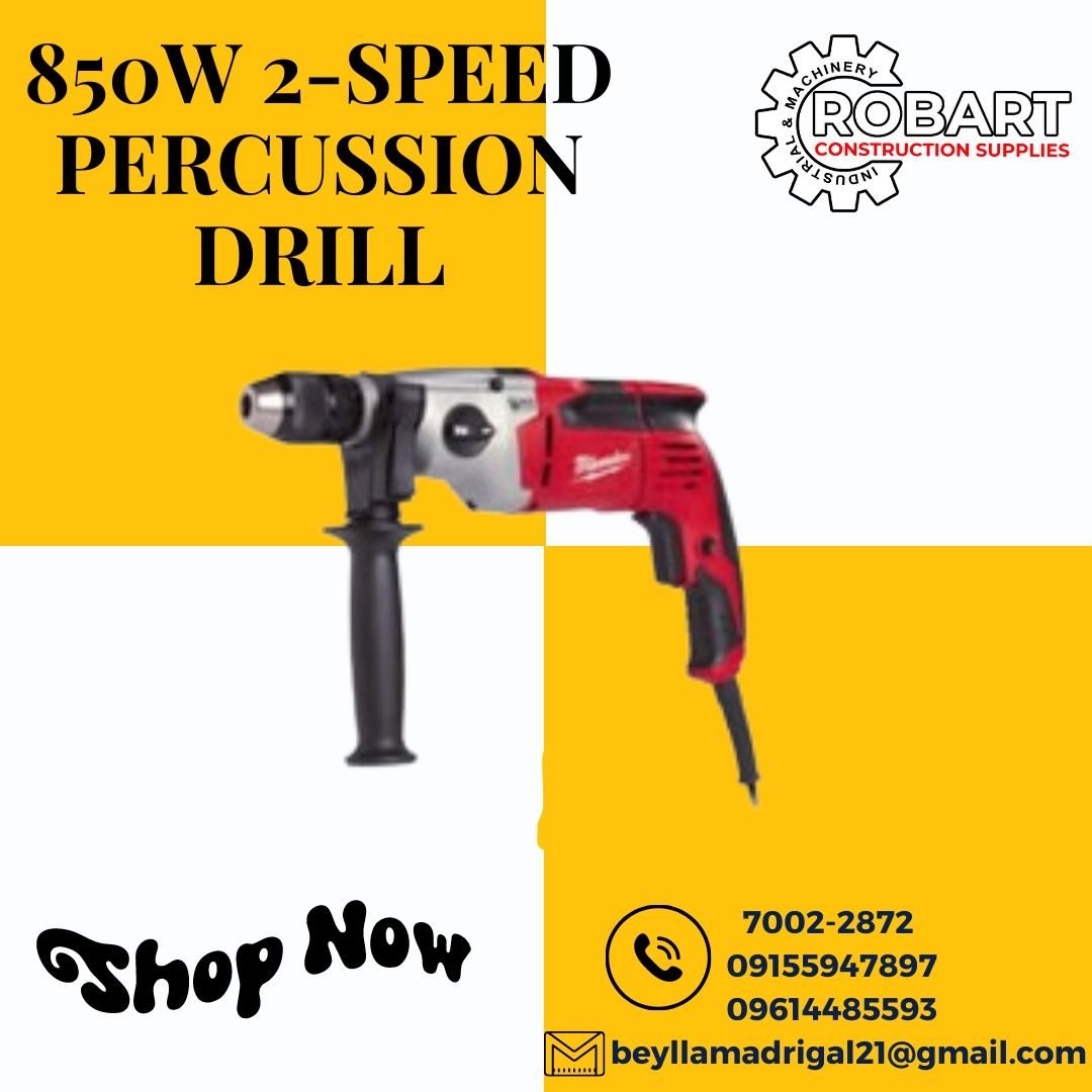 850W 2-SPEED PERCUSSION DRILL (Category: Construction Tools & Equipment) located in Manila. Submitted by bellarobart (Listing ID 1232728025, Image 1). Description: NOW AVAILABLE!! 850W 2-SPEED PERCUSSION DRILL BRAND: MILWAUKEE MODEL: PD2E 22R POWER INPUT: 850W NO LOAD SPEED(1ST/2ND GEAR): 0-1,000/0-3,200rpm STATIC STALLING TORQUE (1ST/2ND GEAR)56/30Nm MAX. DRILL CAPACITY IN CONCRETE/ MASONRY: 20/22mm MAX. DRILL CAPACITY IN WOOD/ STEEL: 40/13mm WE