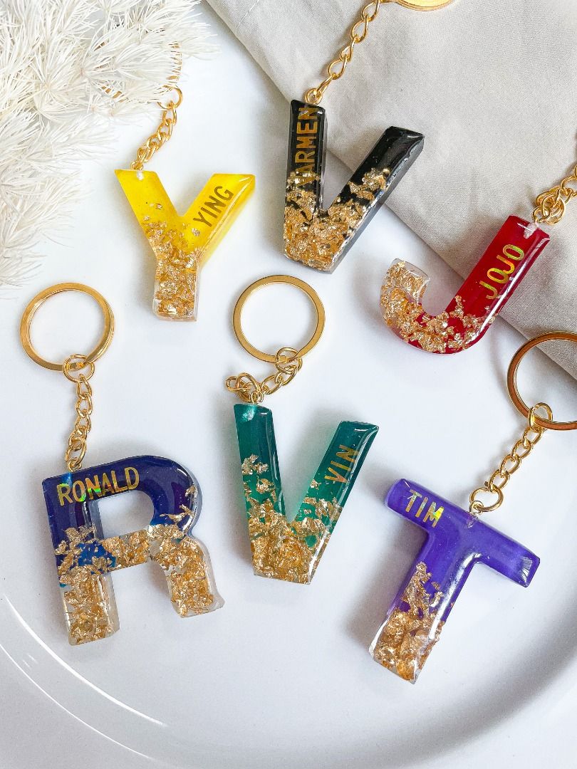 Alphabet Letter Resin Keychain Gold foil Simple design
