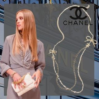 2.2 Sale Authentic Chanel 2022  CC Pearl , Lambskin Long Necklace