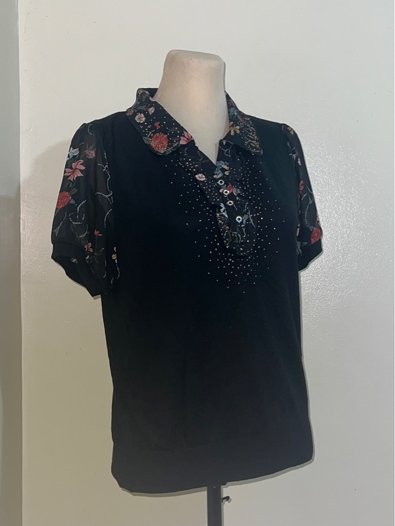BLACK FLORAL POLO SHIRT on Carousell