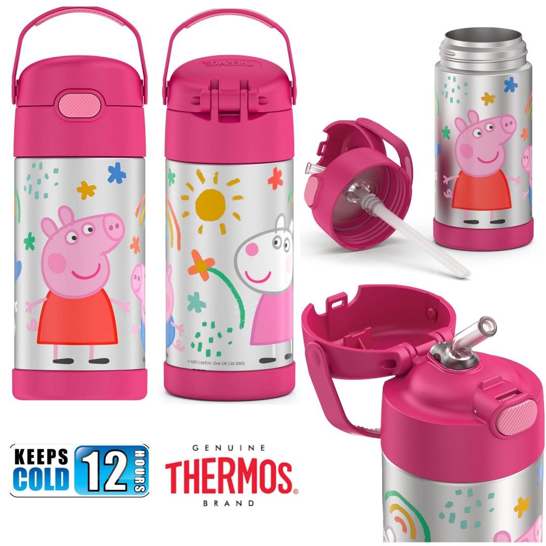 Thermos Funtainer Vacuum Insulated Stainless Steel Bottle with Straw, Peppa Pig, 12 oz,  Pink