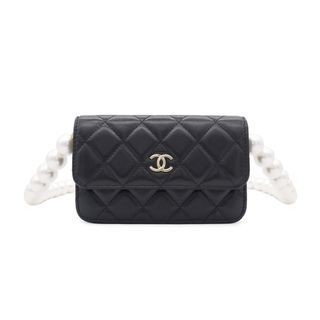 CHANEL Black Calfskin Quilted Pearl Mini Wallet On Chain WOC