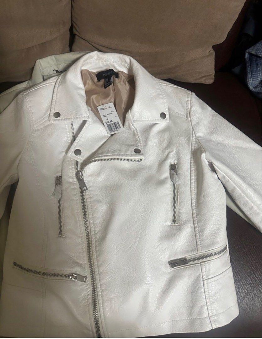 Forever 21 white leather jacket sale